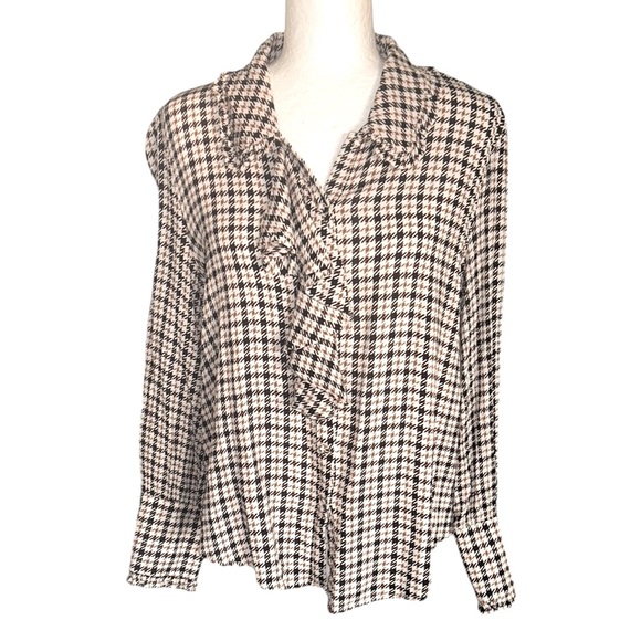 Zara Houndstooth Print Ruffle Peter Pan Collar Button Down Blouse - M - Picture 4 of 14